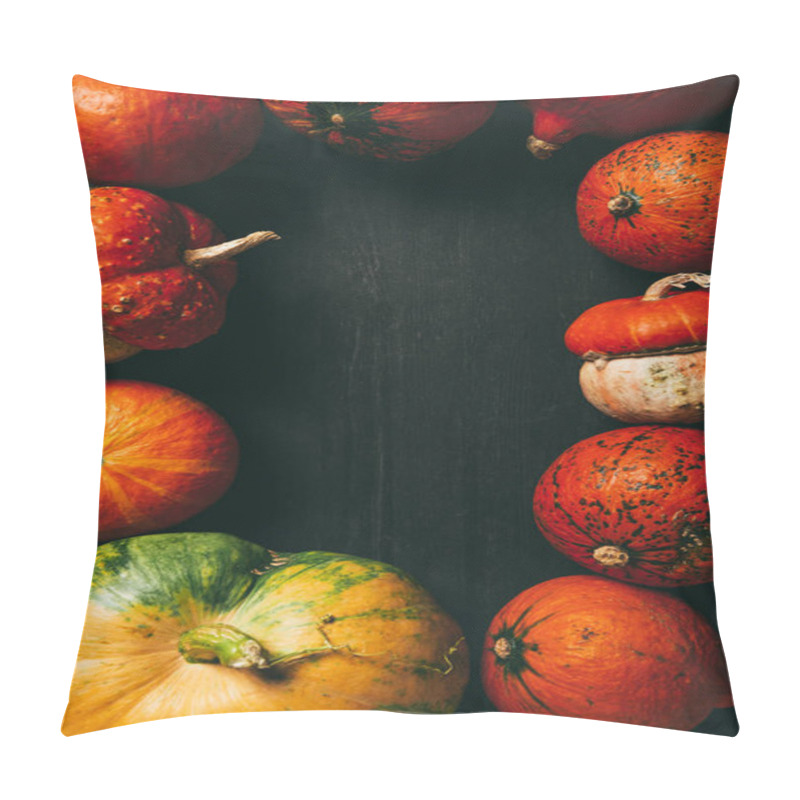 Personality  Top View Of Autumn Frame Made Of Orange Pumpkins On Dark Background Pillow Covers