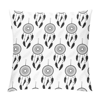 Personality  Seamless Background Of White Feathers And Dream Catchers On A Colored Background. Pattern. Pillow Covers