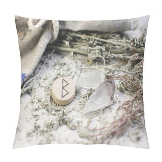 Personality  Scandinavian Wooden Rune Berkana, Beorc,Bjarkan On A Rough Linen Cloth With Amethyst Crystalline, Rock Crystal And Dried Wormwood. Pillow Covers