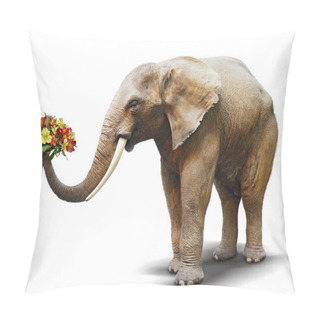 Personality  Elephant Handing A Bouquet Of Blooming Flowers. Concept For Gree Pillow Covers