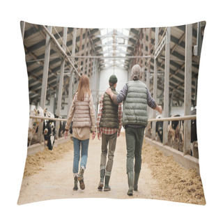 Personality  Rear View Of Father Pointing At Cows And Sharing Farm Experience With Son, Whole Family Walking Along Cowshed Together Pillow Covers