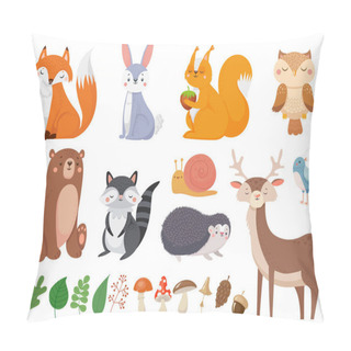 Personality  Cute Woodland Animals. Wild Animal, Forest Flora And Fauna Elements Isolated Cartoon Vector Illustration Set Pillow Covers