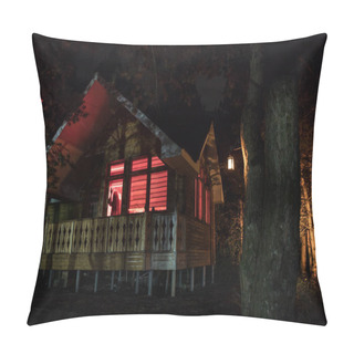 Personality  Old House With A Ghost In The Forest At Night Or Abandoned Haunted Horror House In Fog. Old Mystic Building In Dead Tree Forest. Trees At Night With Moon. Surreal Lights. Horror Halloween Concept Pillow Covers