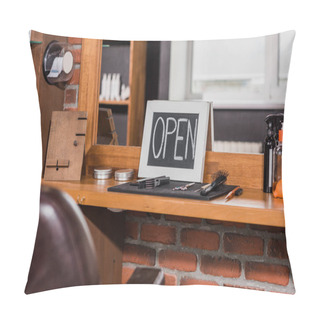 Personality  Blackboard With Open Sign Leaning On Mirror At Barbershop Pillow Covers
