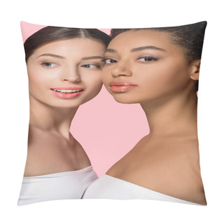 Personality  Portrait Of Attractive Multicultural Girls With Clean Skin, Isolated On Pink Pillow Covers