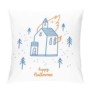 Personality  Burning Church In A Forest, Cute Flames, Vector Halloween Outline Illustration Pillow Covers