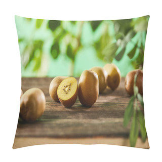 Personality  Selective Focus Of Cut And Whole Kiwi On Wooden Surface  Pillow Covers