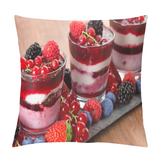Personality  Close Up Of Layered Dessert With Red Fruits On Wooden Background Pillow Covers
