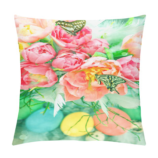 Personality  Tulip Flowers, Butterflies And Colored Easter Eggs Pillow Covers