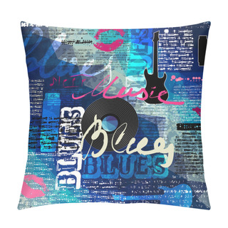 Personality  Grunge Blue Newspaper With Original Inscriptions Blues And Music Pillow Covers