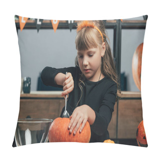 Personality  Portrait Of Little Child Carving Pumpkin For Halloween Alone At Tabletop At Home Pillow Covers