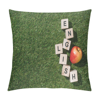 Personality  Top View Of Fresh Apple And English Inscription Made Of Wooden Blocks On Green Grass Pillow Covers