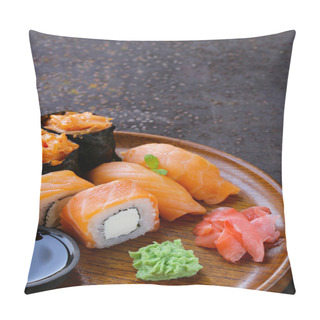 Personality  Menu Of Assorted Sushi With Salmon - Traditional Japanese Cuisine Pillow Covers
