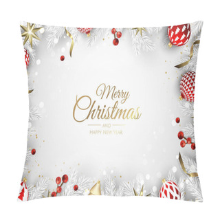 Personality  Merry Christmas Greeting Card With New Years Tree. Vector Holiday Illustration. Pillow Covers