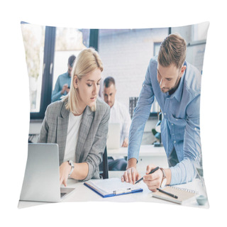 Personality  Young Businessman And Businesswoman Working With Papers And Laptop In Office Pillow Covers
