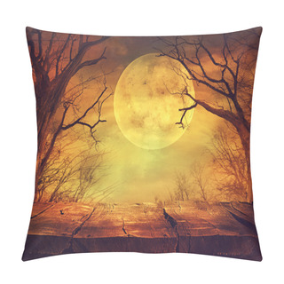 Personality  Spooky Forest With Full Moon And Wooden Table Pillow Covers