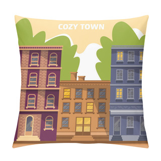 Personality  Vector Cartoon Illustration Of Cozy Town. Street View. Pillow Covers
