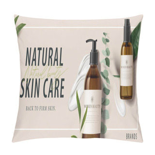 Personality  Ad Banner For Simple Beauty Products, Mock-ups Decorated With Natural Leaves And Cream Strokes, Concept Of Organic Skincare, 3d Illustration Pillow Covers