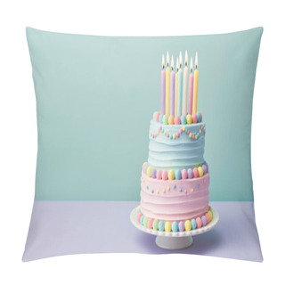 Personality  Pastel Colored Tiered Birthday Cake Decorated With Candies And Colorful Candles With Pastel Buttercream Frosting Against A Plain Turquoise Background Pillow Covers