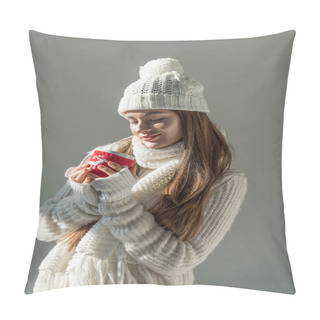 Personality  Attractive Woman In Fashionable Winter Sweater And Scarf Holding Cup Of Tea Isolated On Grey Pillow Covers
