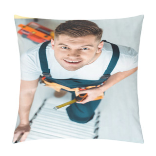 Personality  Top View Of Happy Installer Climbing Ladder And Looking At Camera  Pillow Covers