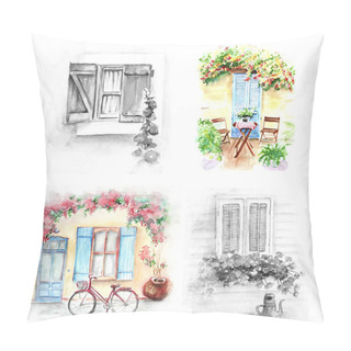 Personality   Watercolor Painting Of Vintage Old Street Sketch Art Illustration Pillow Covers