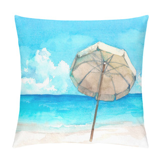Personality  Umbrella On The Wonderful Tropical Beach. Watercolor Hand Drawn Illustration. Pillow Covers