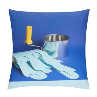 Personality  Empty Metal Shiny Can Near Roller With Dripping Paper Cut Paint On Bright Blue Background Pillow Covers
