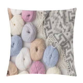 Personality  Scattered Colored Yarn Balls And Blanket  On White Background  Pillow Covers