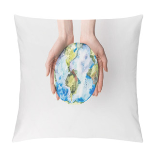 Personality  Cropped Shot Of Woman Holding Handmade Globe In Hands Isolated On Grey, Environment Protection Concept Pillow Covers