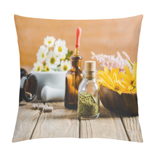 Personality  Bottles Of Essential Oils And Blooming Flowers On Wooden Tabletop, Alternative Medicine Concept Pillow Covers