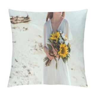 Personality  Cropped View Of Smiling Girl Holding Bouquet With Sunflowers On Beach Pillow Covers