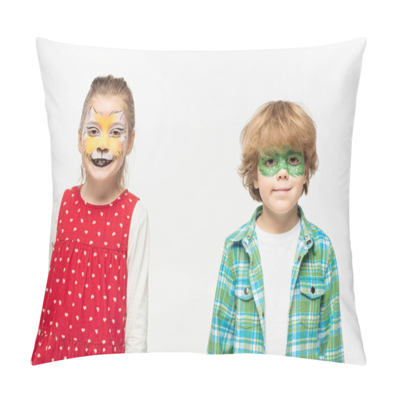 Personality  cute friends with cat muzzle and gecko mask paintings on faces looking at camera isolated on white pillow covers