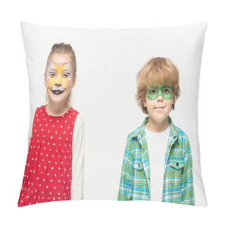 Personality  Cute Friends With Cat Muzzle And Gecko Mask Paintings On Faces Looking At Camera Isolated On White Pillow Covers