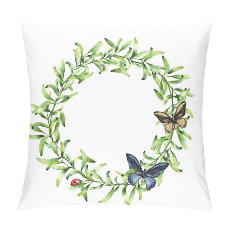 Personality  Watercolor wreath with spring herbs, butterfly and ladybug. Hand painted floral border isolated on white background. Botanical illustration with green branches and insects for design, print or fabric. pillow covers