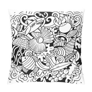 Personality  Sea Life Cartoon Vector Illustration. Sketchy Detailed Composition With Lot Of Uderwater World Objects And Symbols. All Items Are Separate Pillow Covers