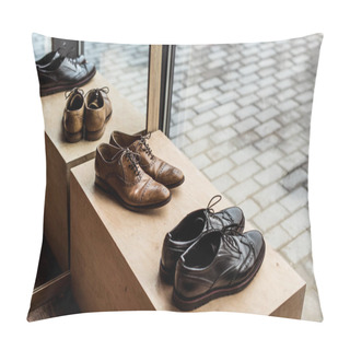Personality  Modern Brown And Black Male Shoes At Showcase In Shop Pillow Covers