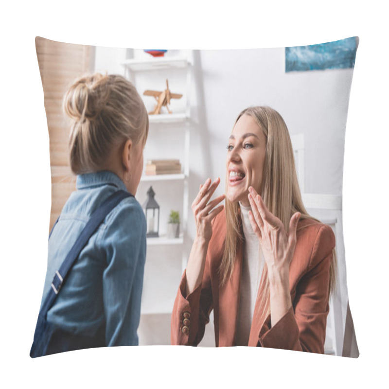 Personality  Speech therapist talking near blurred girl in classroom  pillow covers