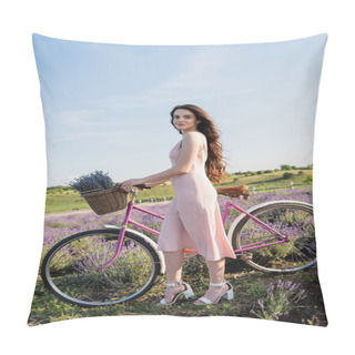 Personality  Full Length Of Woman With Bicycle And Lavender In Wicker Basket Looking At Camera In Meadow Pillow Covers
