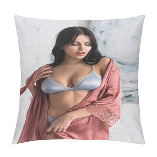 Personality  Young Seductive Woman In Bra And Silk Robe  Pillow Covers