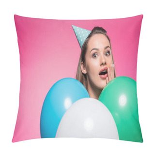 Personality  Shocked Attractive Woman With Party Hat And Balloons Isolated On Pink Pillow Covers