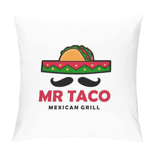 Personality  Mr Taco Sombrero Hat Mustache Logo Vector Icon Illustration Pillow Covers