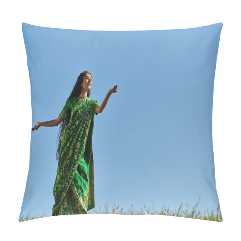 Personality  Elegant Indian Woman In Traditional Sari Dancing On Green Meadow Under Blue Summer Sky Pillow Covers