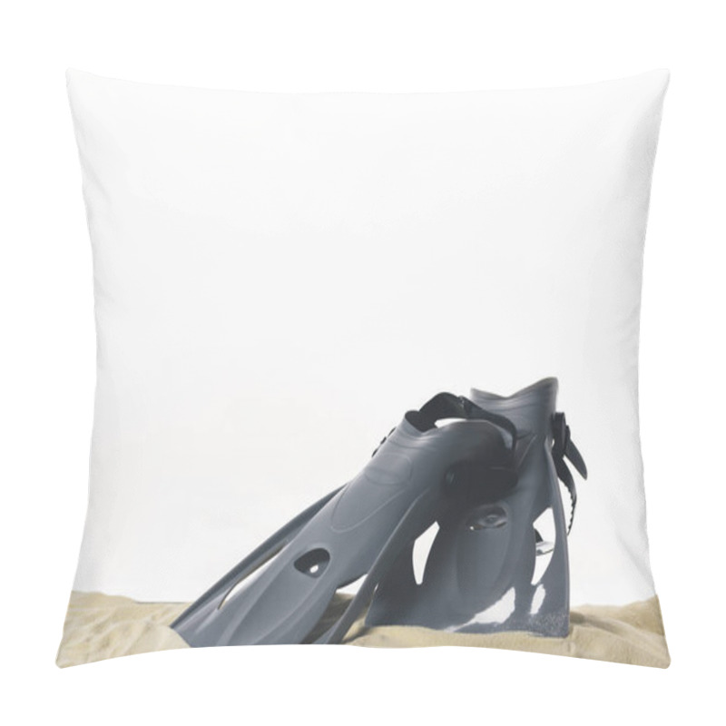Personality  Swimming flippers in sand isolated on white pillow covers