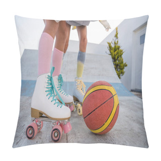 Personality  Cropped View Of The Two Sisters Or Girlfriends Playing With Ball For Basketball Game While Riding At The Roller Skates. Stock Photo Pillow Covers