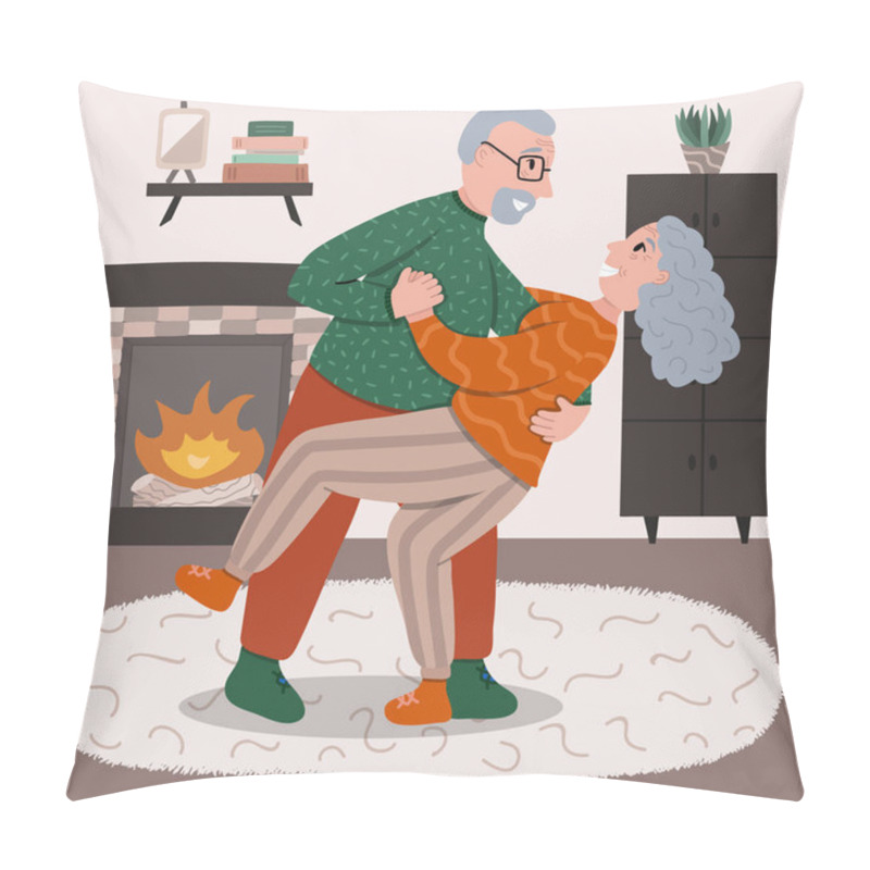 Personality  Retired senior couple dancing together in the living room. Old lady and gentleman dancing romantically. Grandpa does dance support, grandma arches back. Stylized vector hand drawn illustration. pillow covers