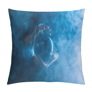 Personality  Partial View Of Witch Holding Crystal Ball With Smoke Around On Dark Blue  Pillow Covers