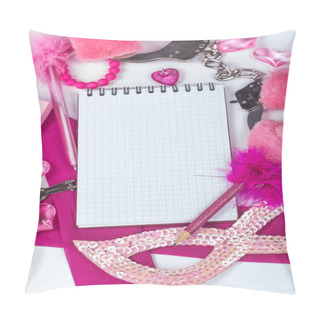 Personality  Girly Pink Desktop And Stationery With Blank Notebook And Pencil. Pillow Covers