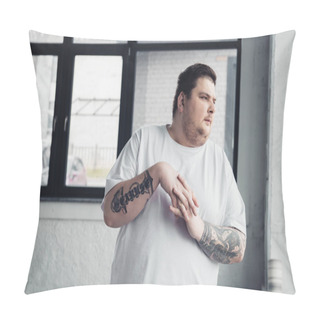 Personality  Overweight Tattooed Man In White T-shirt Stretching Fingers At Gym Pillow Covers