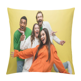 Personality  Excited Interracial Friends Having Fun On Yellow Background  Pillow Covers